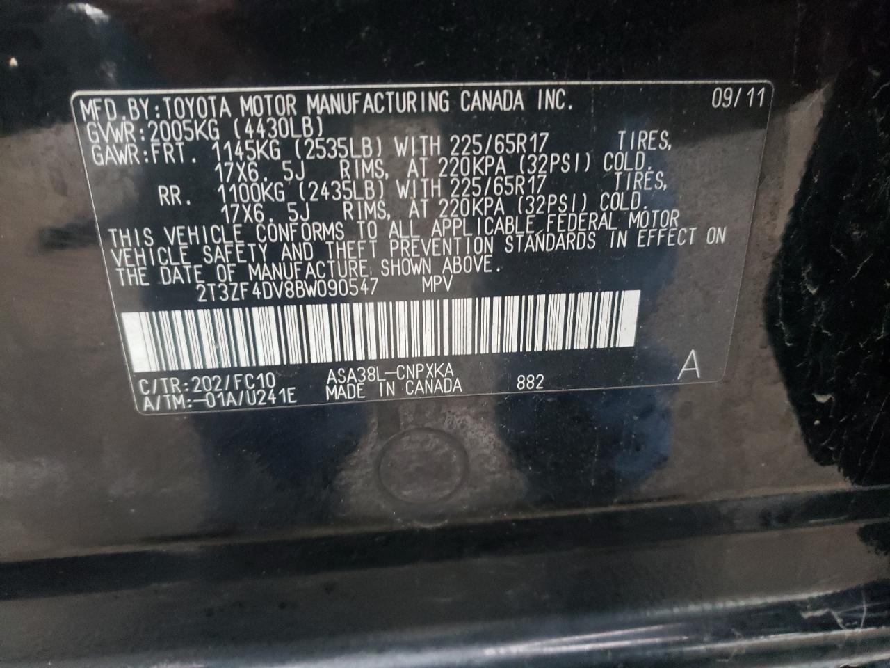 Photo 10 from auction – 2011 TOYOTA RAV4 with VIN 2T3ZF4DV8BW090547