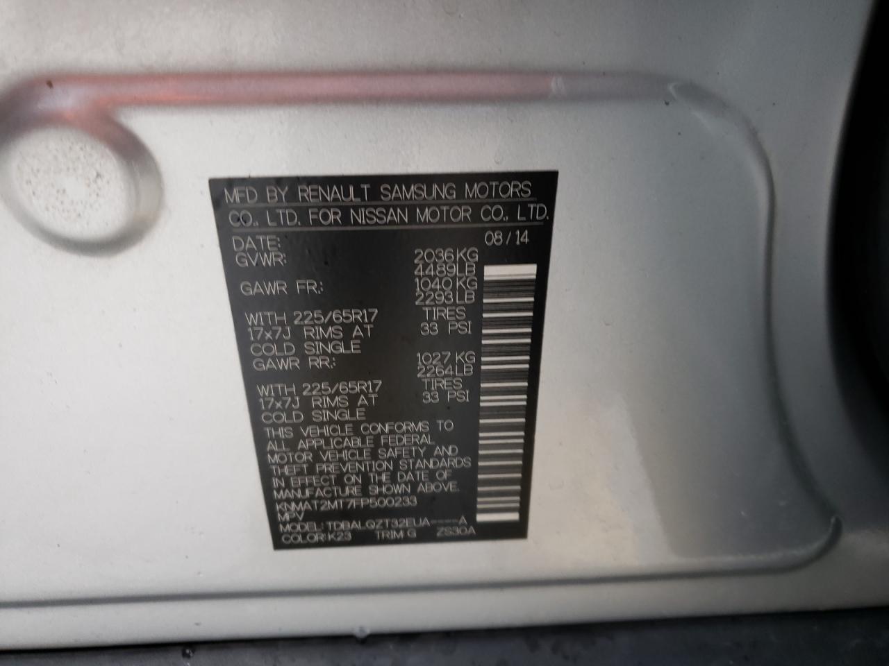 Photo 10 from auction – 2015 NISSAN ROGUE S with VIN KNMAT2MT7FP500233