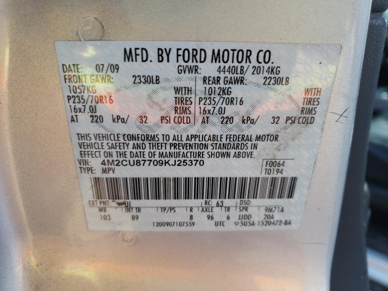 Photo 10 from auction – 2009 MERCURY MARINER PR with VIN 4M2CU87709KJ25370