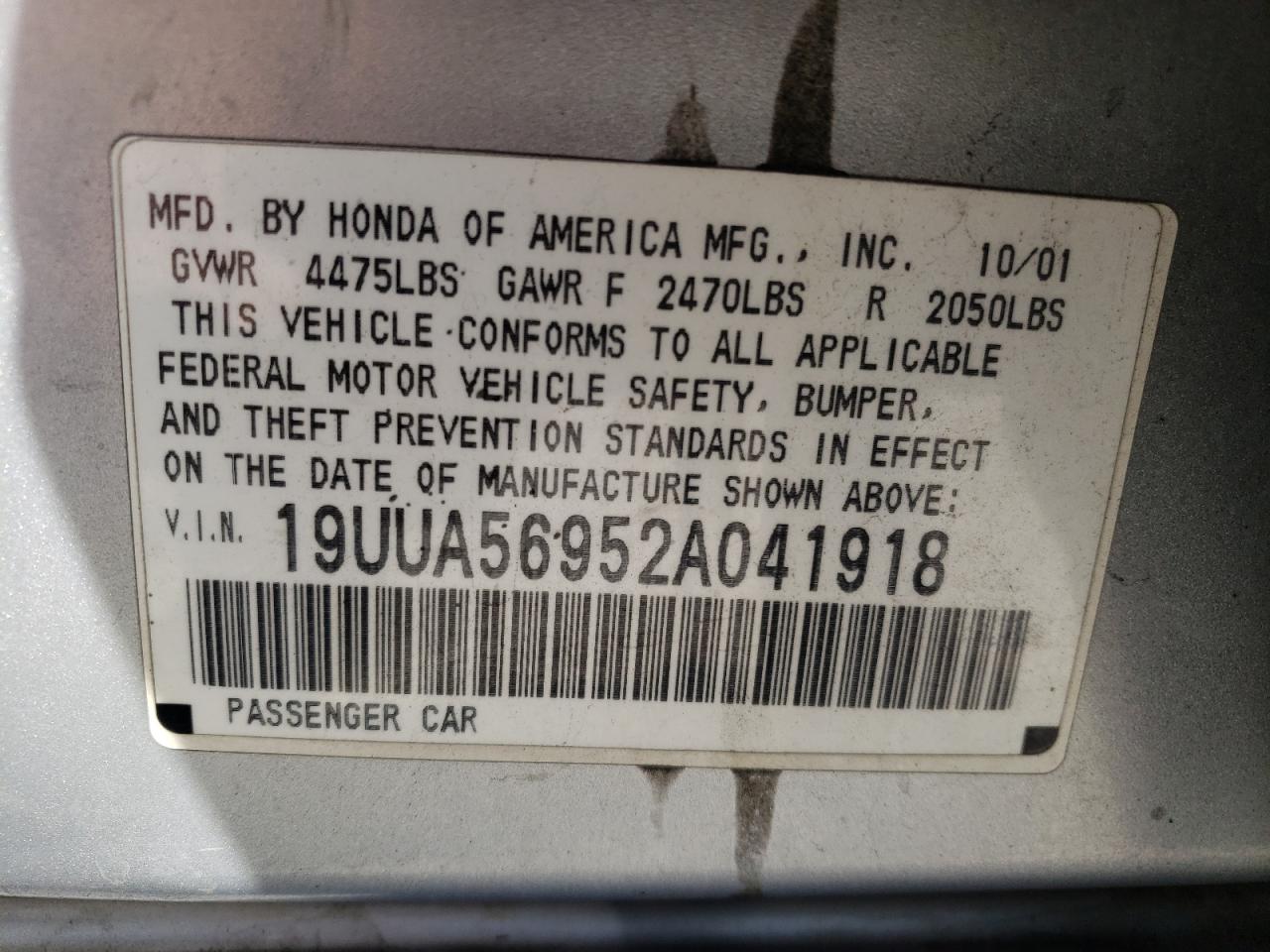 Photo 10 from auction – 2002 ACURA 3.2TL TYPE with VIN 19UUA56952A041918