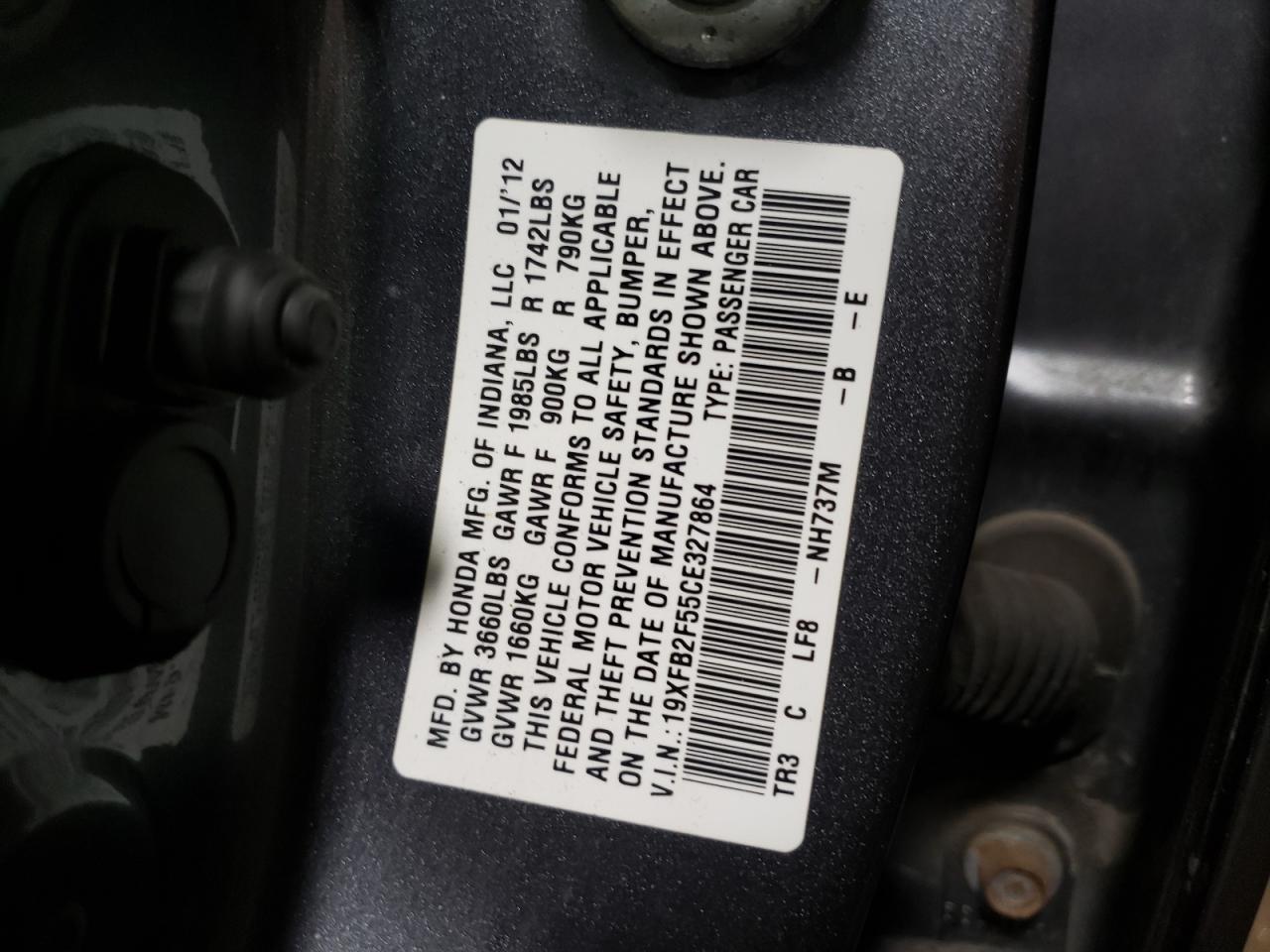 Photo 10 from auction – 2012 HONDA CIVIC LX with VIN 19XFB2F55CE327864
