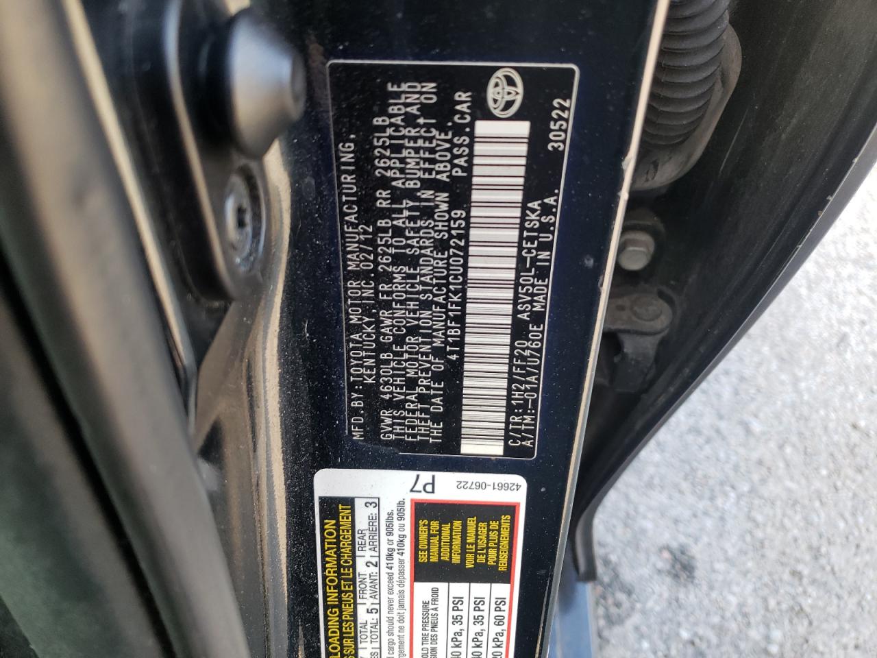 Photo 10 from auction – 2012 TOYOTA CAMRY BASE with VIN 4T1BF1FK1CU072159