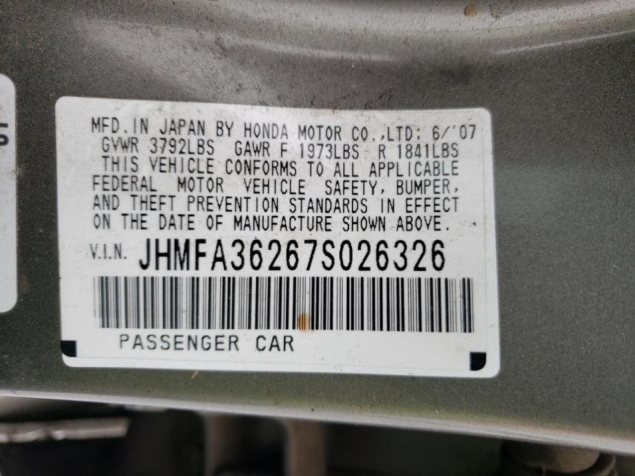Photo 10 from auction – 2007 HONDA CIVIC HYBR with VIN JHMFA36267S026326