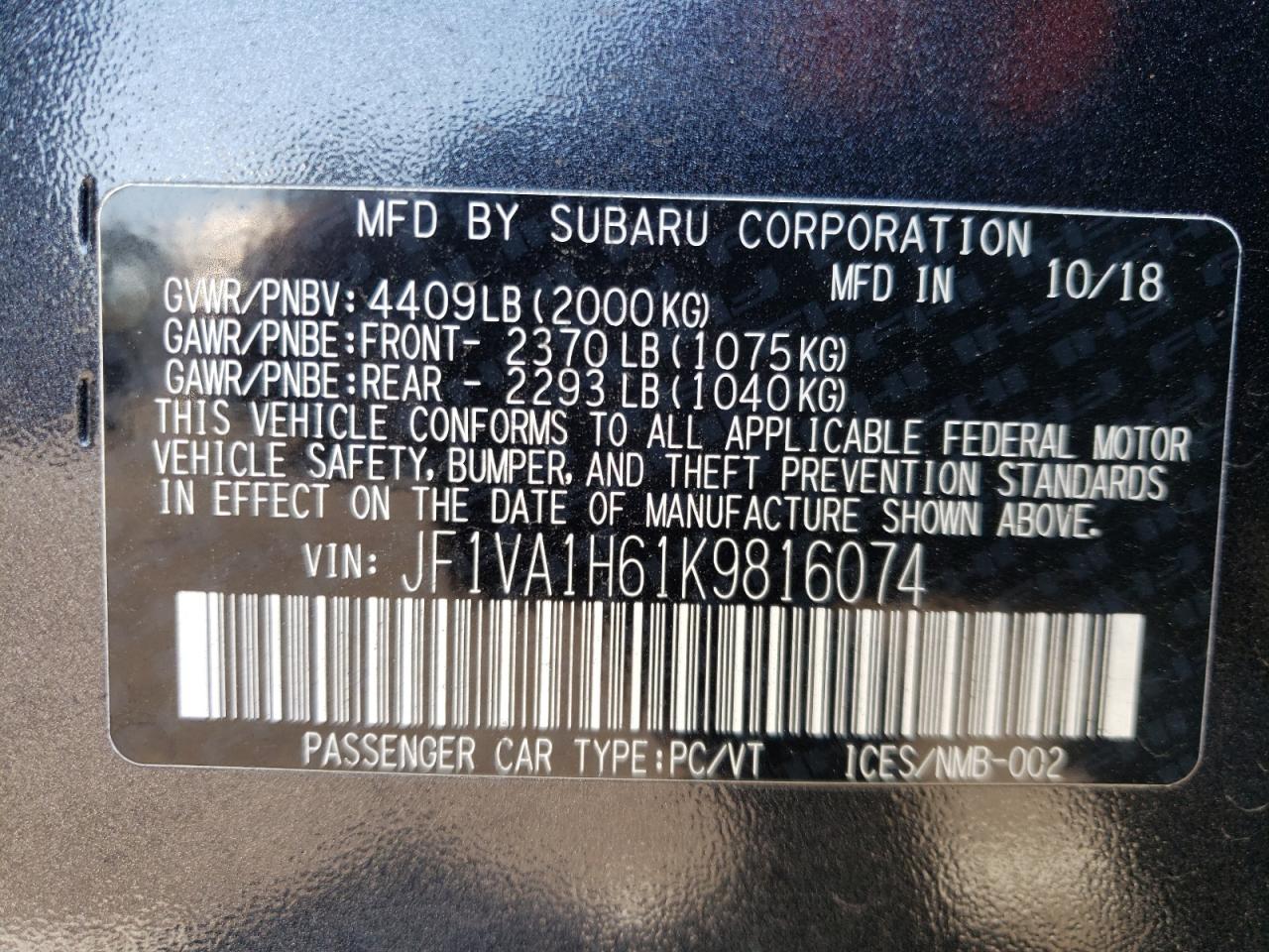 Photo 10 from auction – 2019 SUBARU WRX LIMITE with VIN JF1VA1H61K9816074