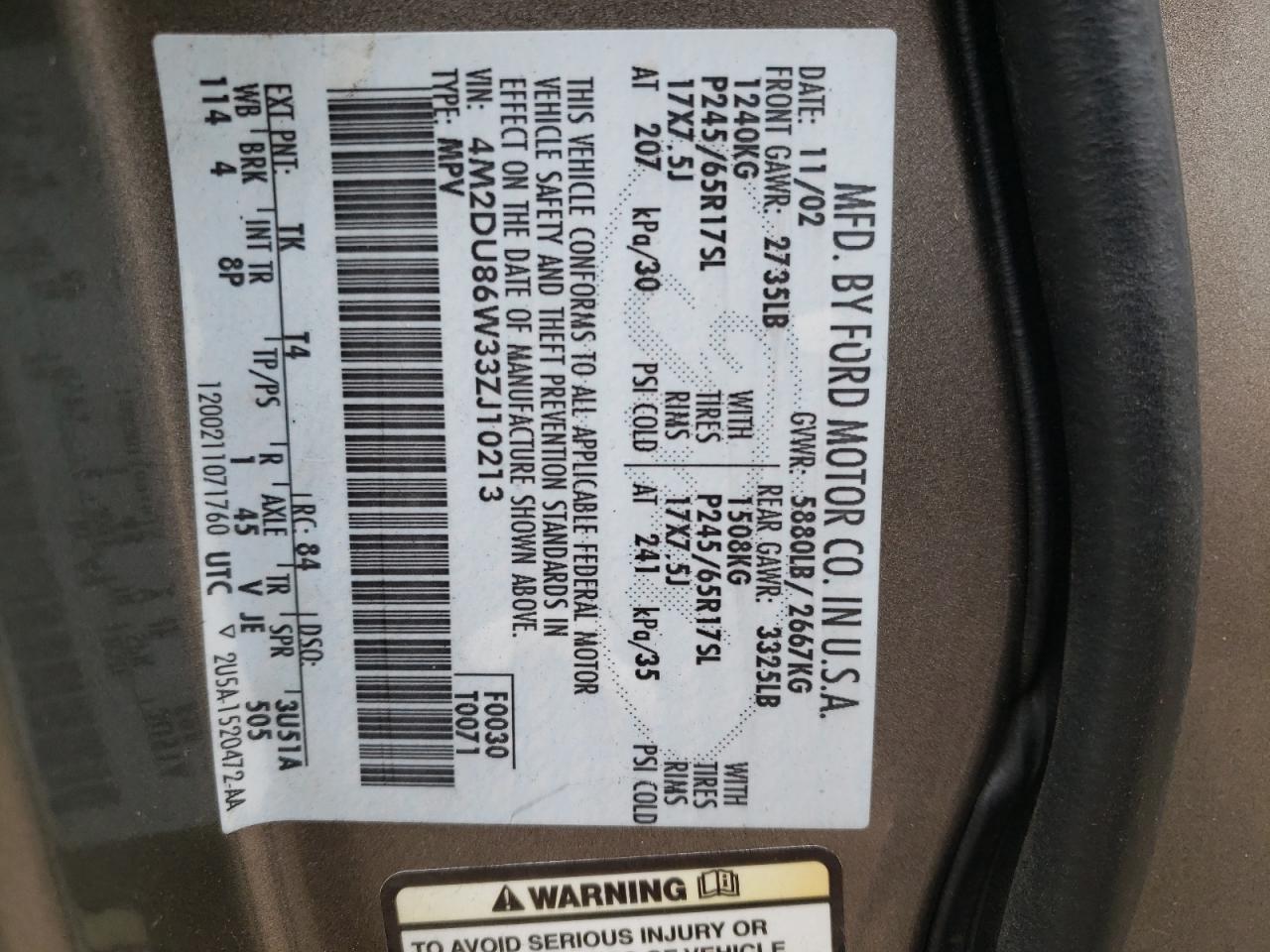 Photo 10 from auction – 2003 MERCURY MOUNTAINEE with VIN 4M2DU86W33ZJ10213