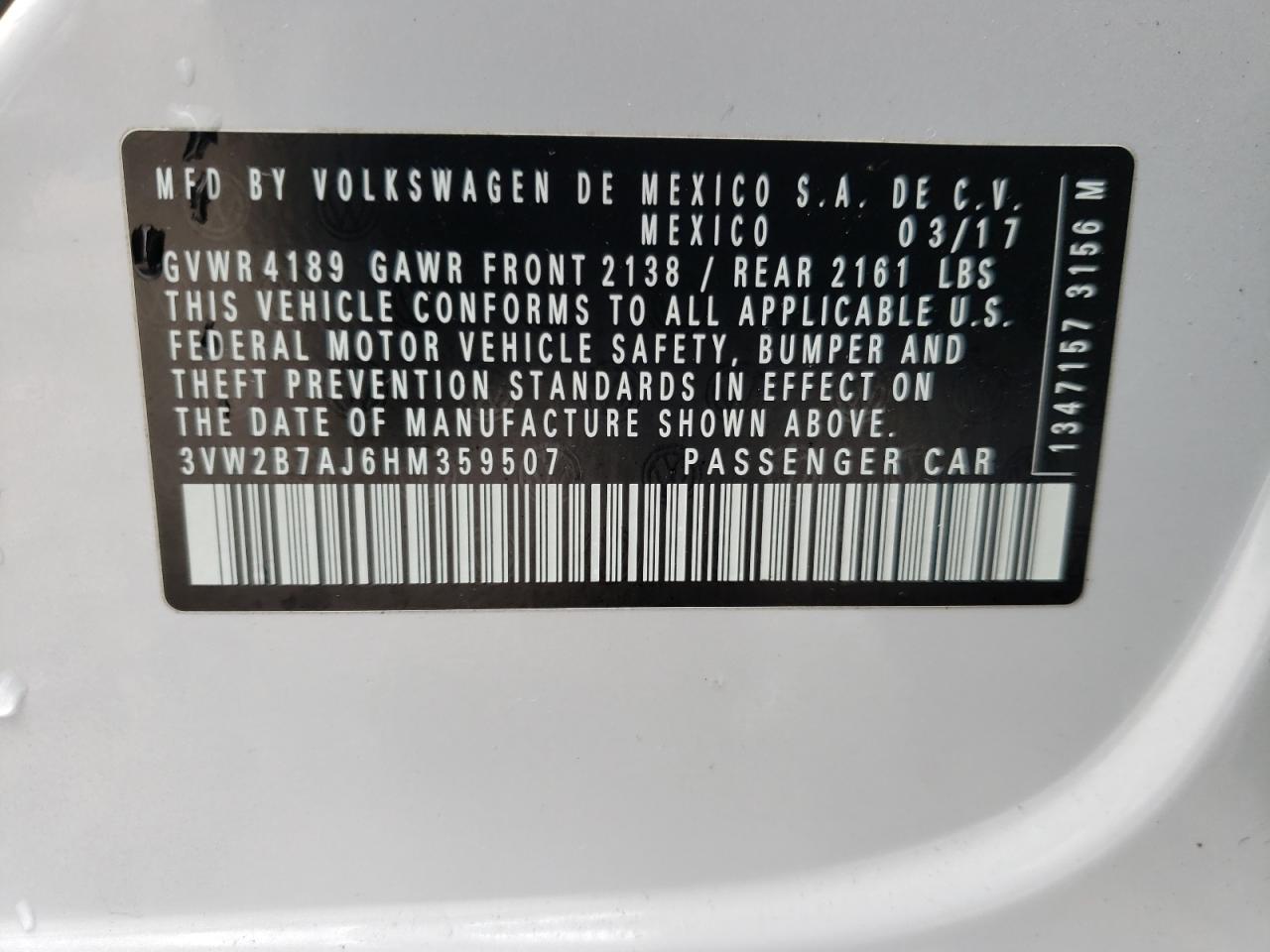 Photo 10 from auction – 2017 VOLKSWAGEN JETTA S with VIN 3VW2B7AJ6HM359507