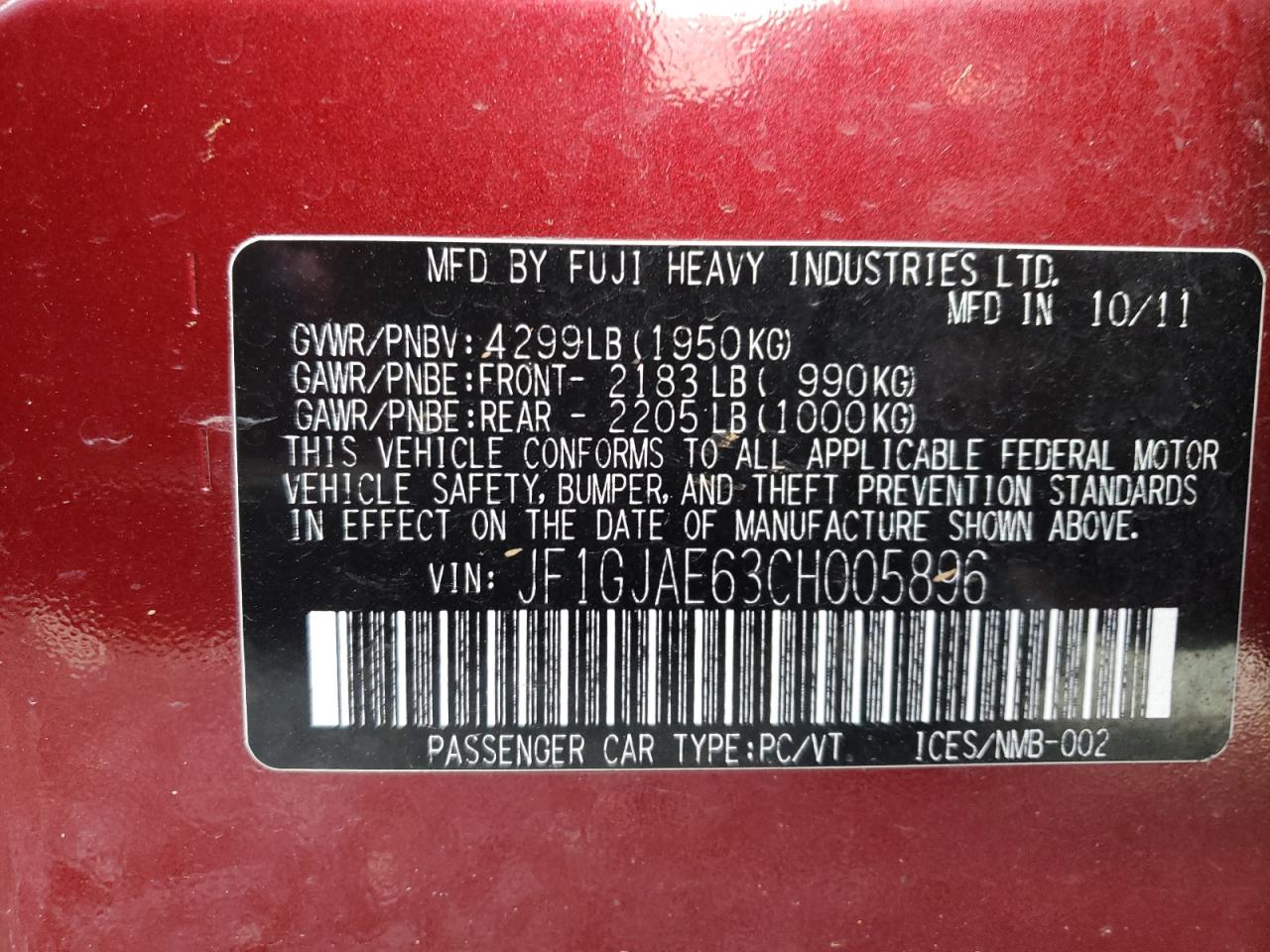 Photo 10 from auction – 2012 SUBARU IMPREZA PR with VIN JF1GJAE63CH005896