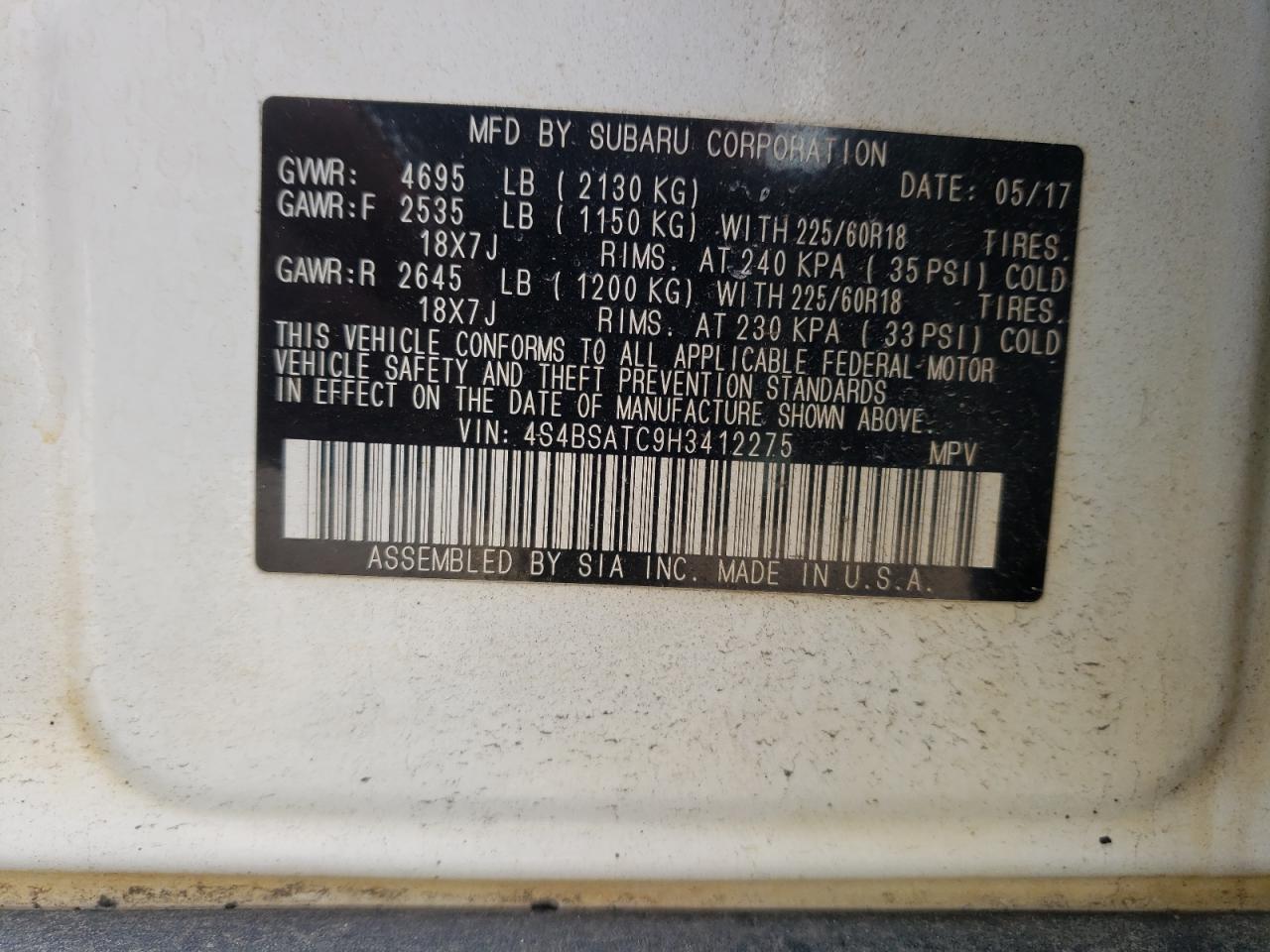 Photo 10 from auction – 2017 SUBARU OUTBACK TO with VIN 4S4BSATC9H3412275