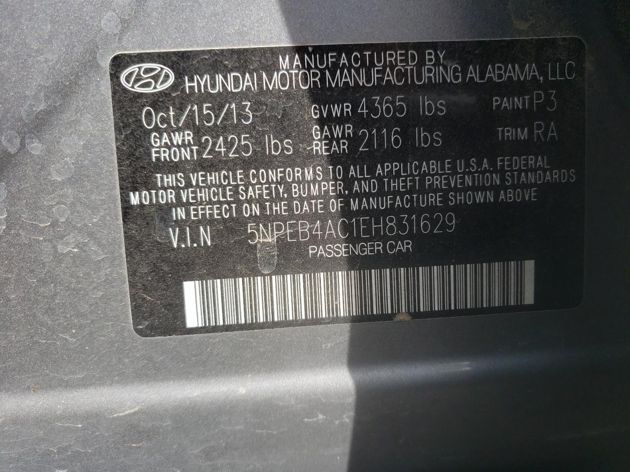 Photo 10 from auction – 2014 HYUNDAI SONATA GLS with VIN 5NPEB4AC1EH831629