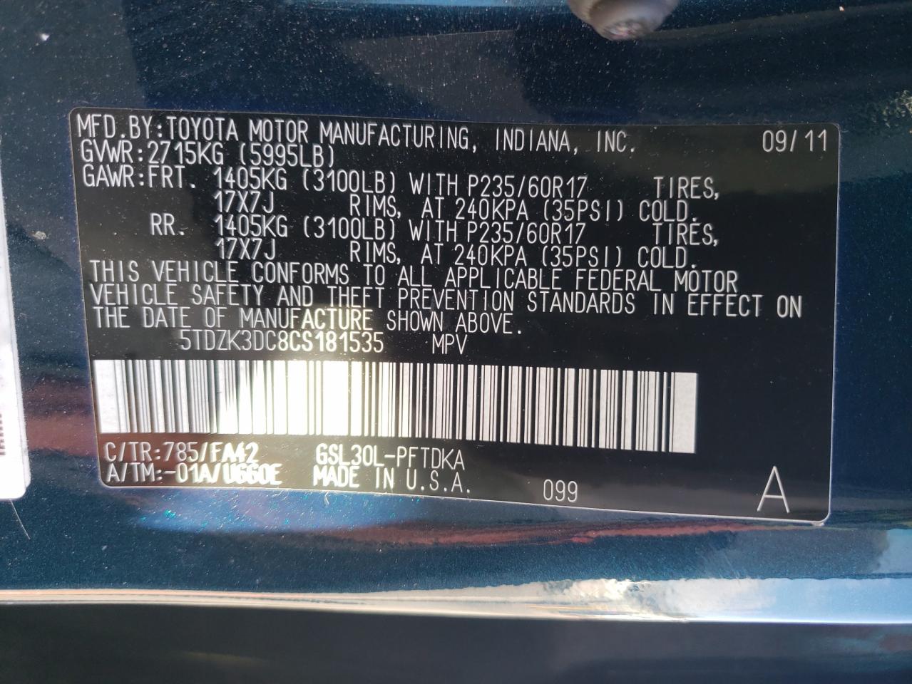 Photo 10 from auction – 2012 TOYOTA SIENNA with VIN 5TDZK3DC8CS181535