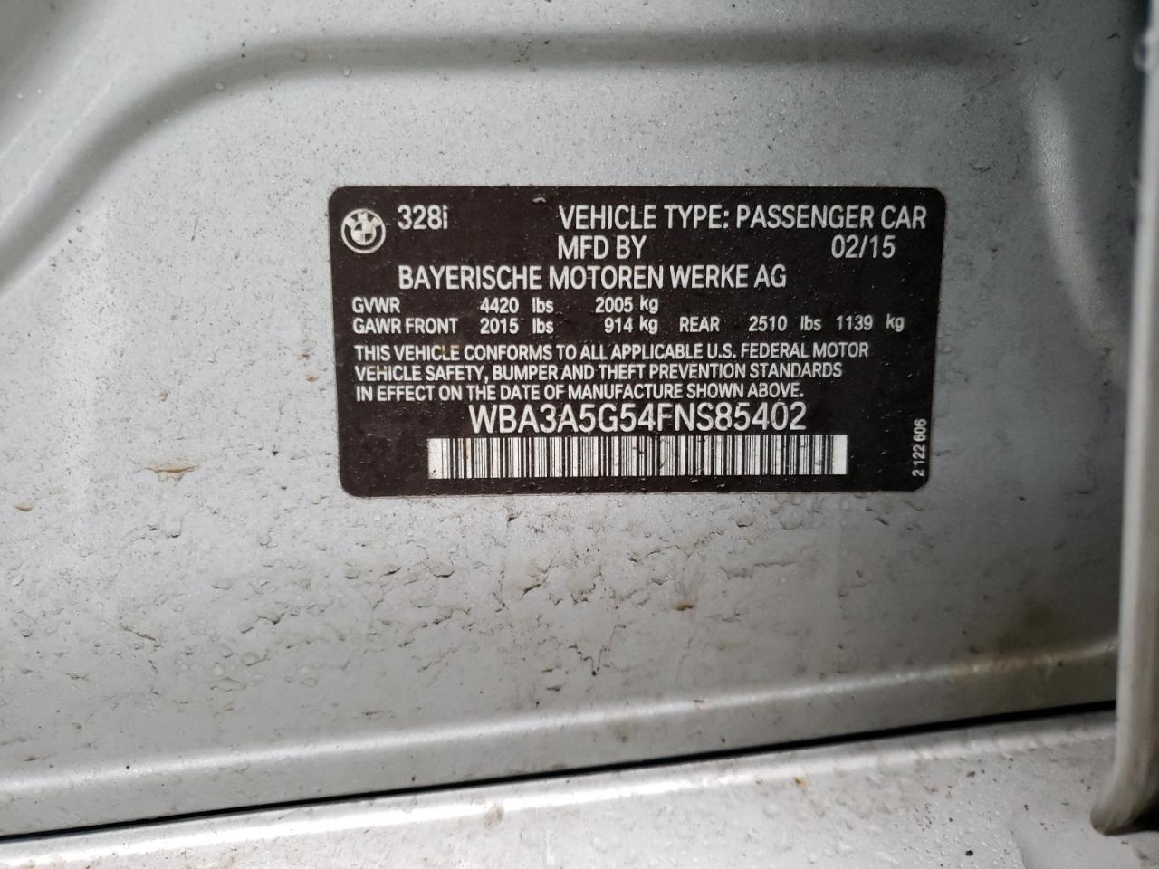 Photo 10 from auction – 2015 BMW 328 I with VIN WBA3A5G54FNS85402