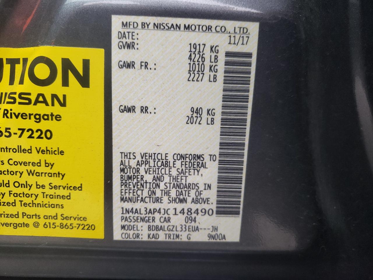 Photo 10 from auction – 2018 NISSAN ALTIMA 2.5 with VIN 1N4AL3AP4JC148490