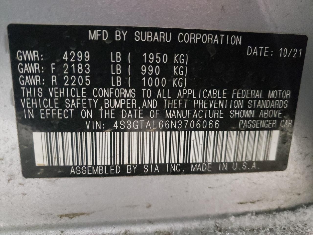 Photo 10 from auction – 2022 SUBARU IMPREZA SP with VIN 4S3GTAL66N3706066
