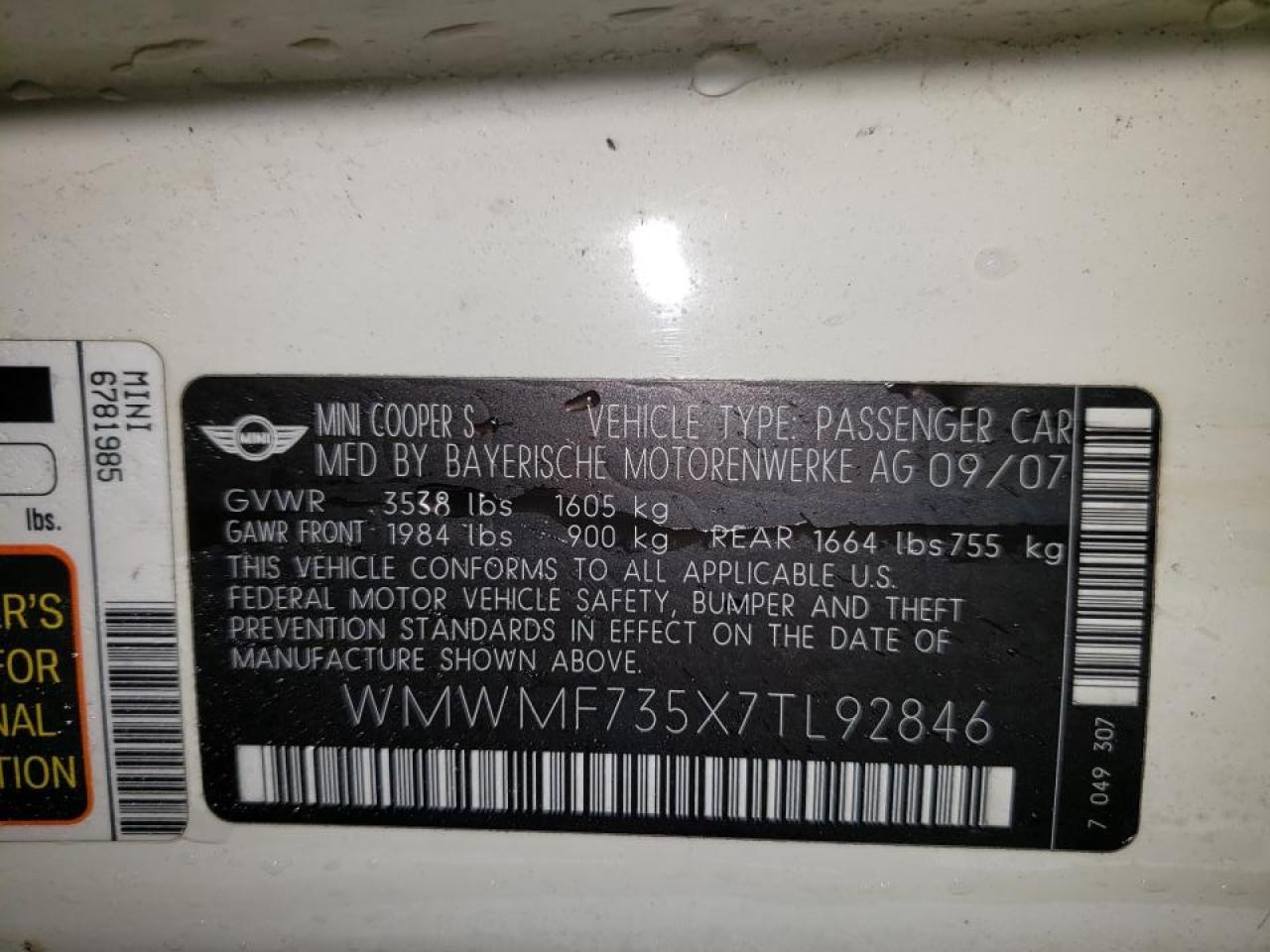 Photo 10 from auction – 2007 MINI COOPER S with VIN WMWMF735X7TL92846