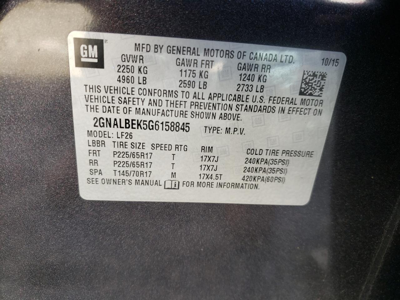 Photo 10 from auction – 2016 CHEVROLET EQUINOX LS with VIN 2GNALBEK5G6158845