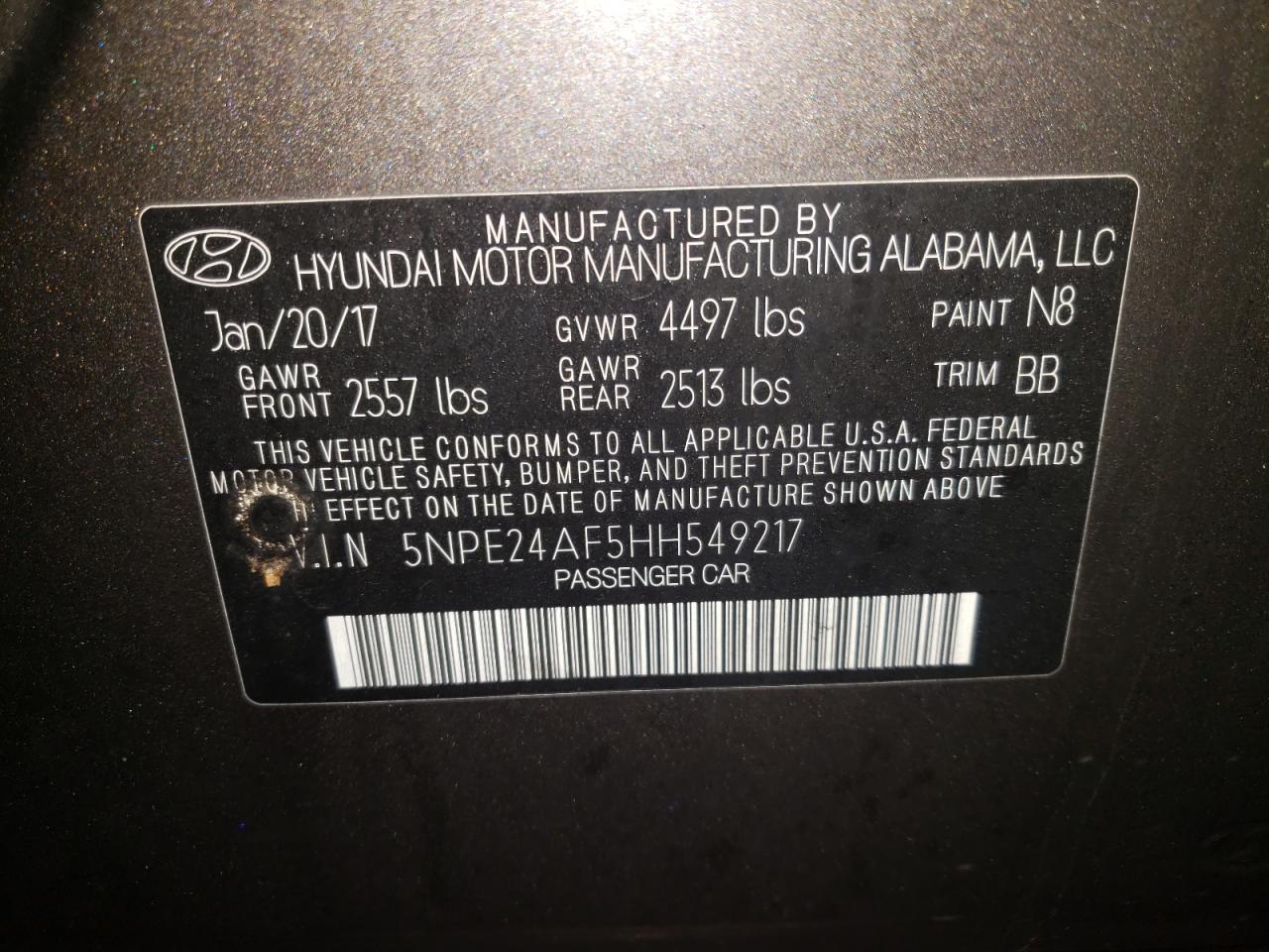 Photo 10 from auction – 2017 HYUNDAI SONATA SE with VIN 5NPE24AF5HH549217
