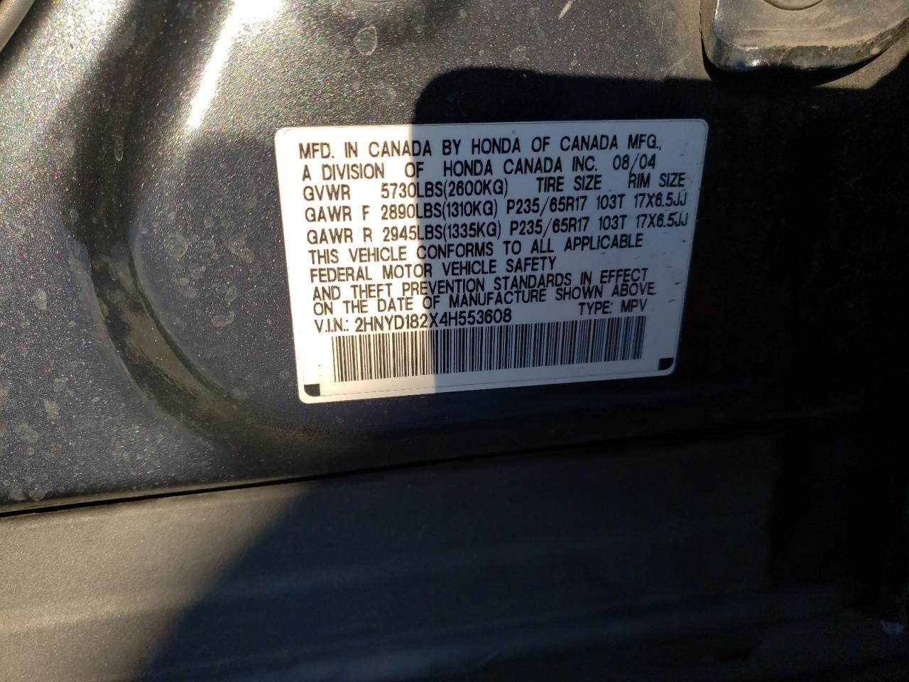 Photo 10 from auction – 2004 ACURA MDX with VIN 2HNYD182X4H553608