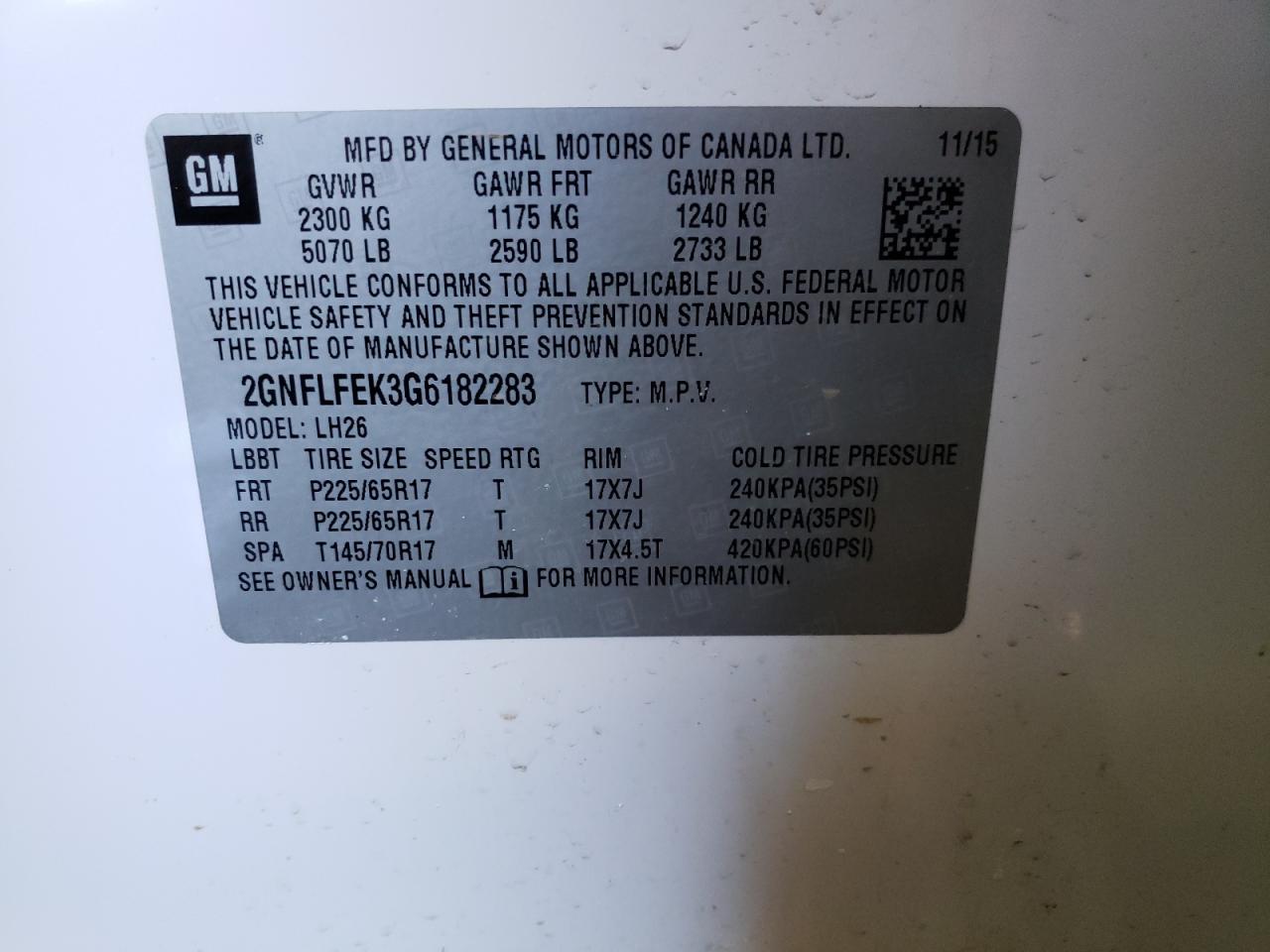 Photo 10 from auction – 2016 CHEVROLET EQUINOX LT with VIN 2GNFLFEK3G6182283