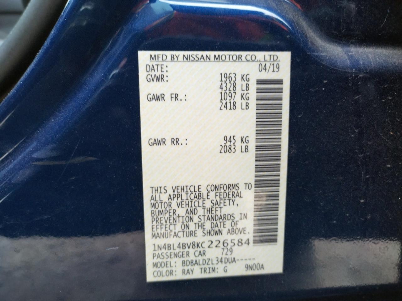 Photo 10 from auction – 2019 NISSAN ALTIMA S with VIN 1N4BL4BV8KC226584