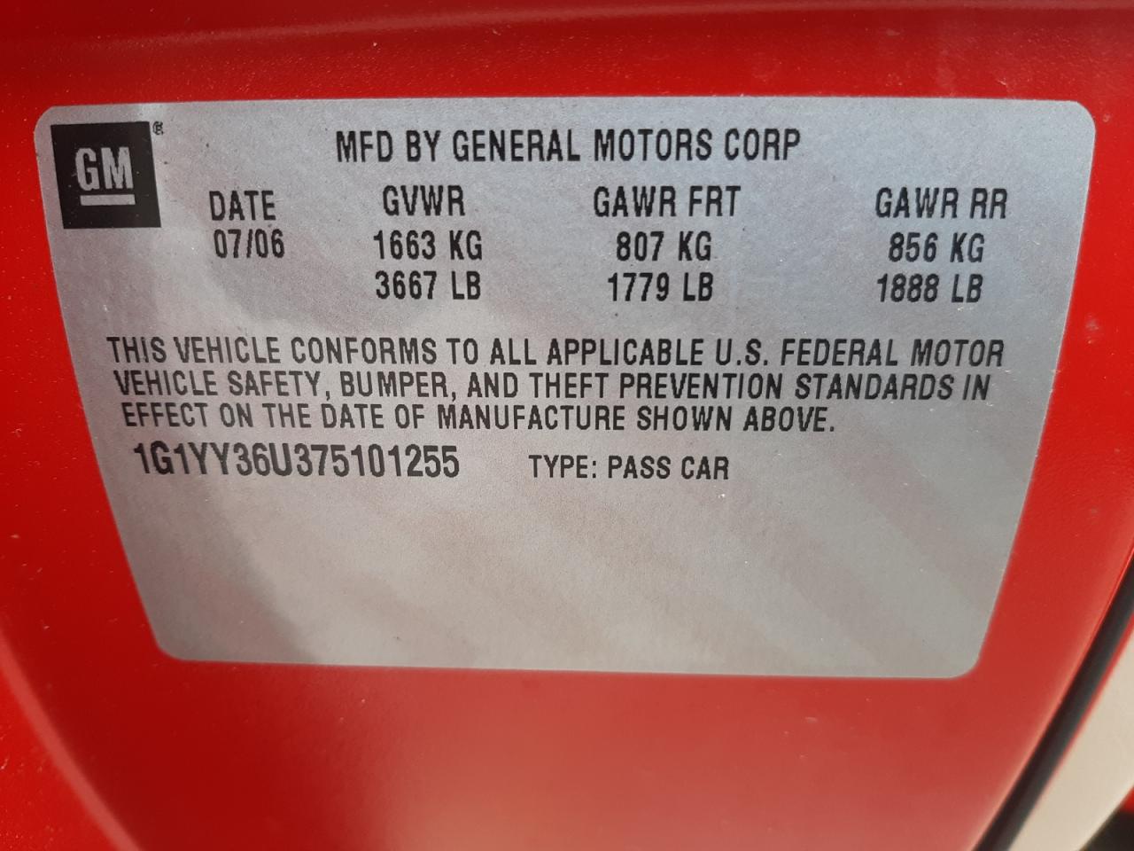 Photo 10 from auction – 2007 CHEVROLET CORVETTE with VIN 1G1YY36U375101255