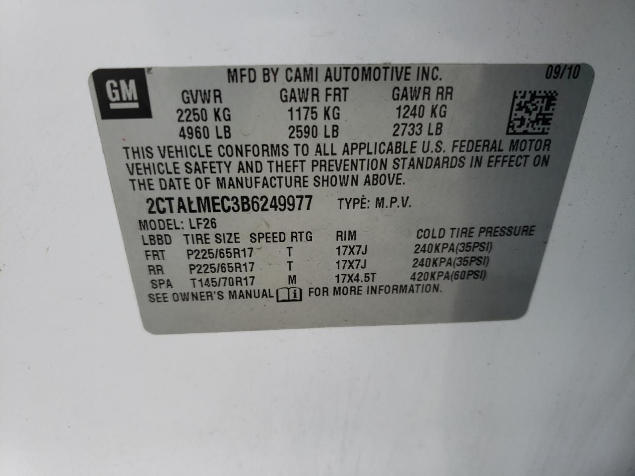 Photo 10 from auction – 2011 GMC TERRAIN SL with VIN 2CTALMEC3B6249977