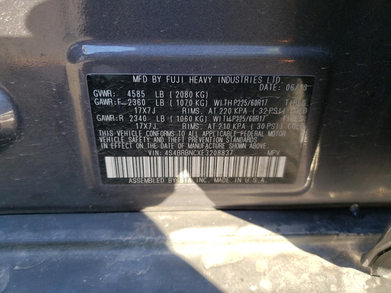 Photo 10 from auction – 2014 SUBARU OUTBACK 2. with VIN 4S4BRBNCXE3208837
