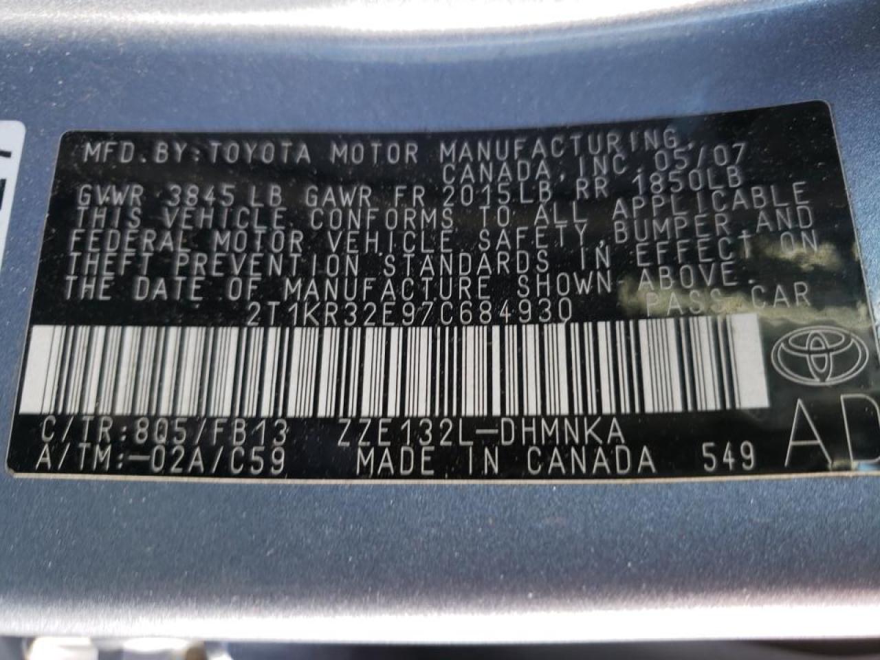 Photo 10 from auction – 2007 TOYOTA COROLLA MA with VIN 2T1KR32E97C684930