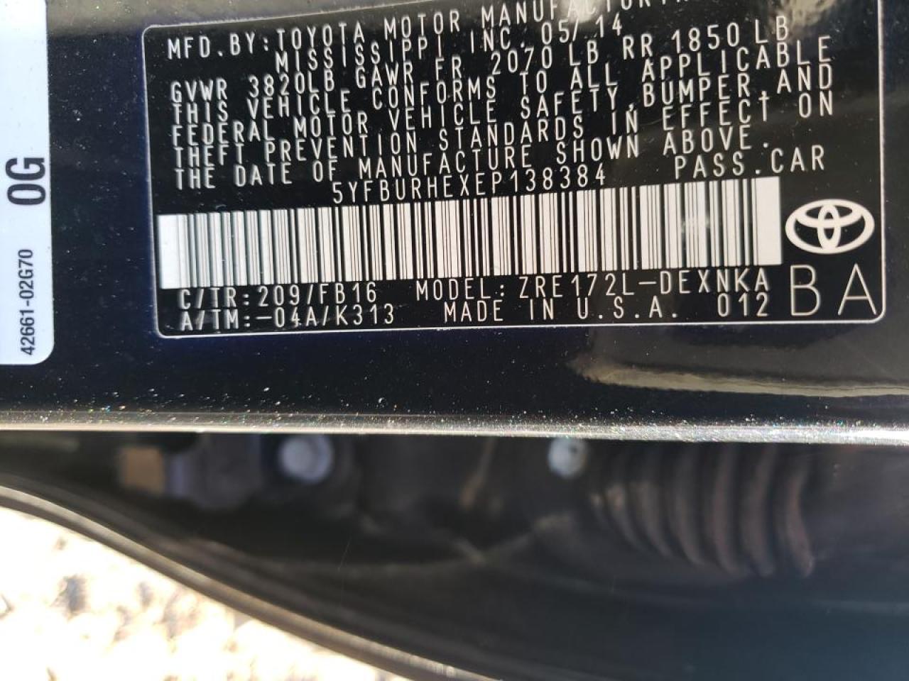 Photo 10 from auction – 2014 TOYOTA COROLLA L with VIN 5YFBURHEXEP138384