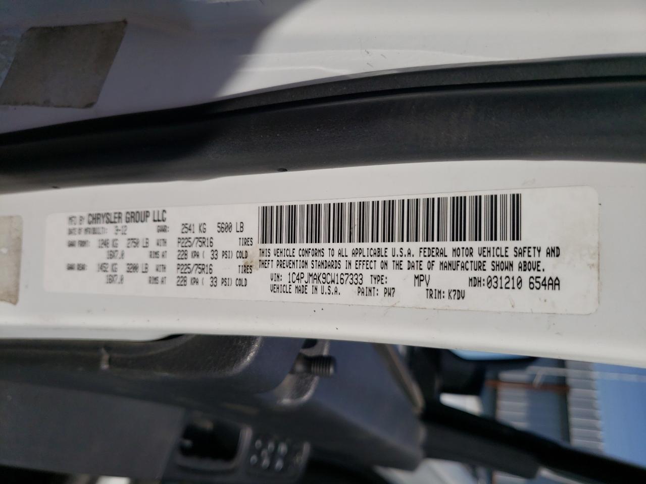 Photo 10 from auction – 2012 JEEP LIBERTY SP with VIN 1C4PJMAK9CW167333