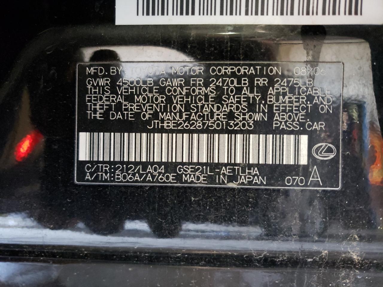 Photo 10 from auction – 2007 LEXUS IS 350 with VIN JTHBE262875013203