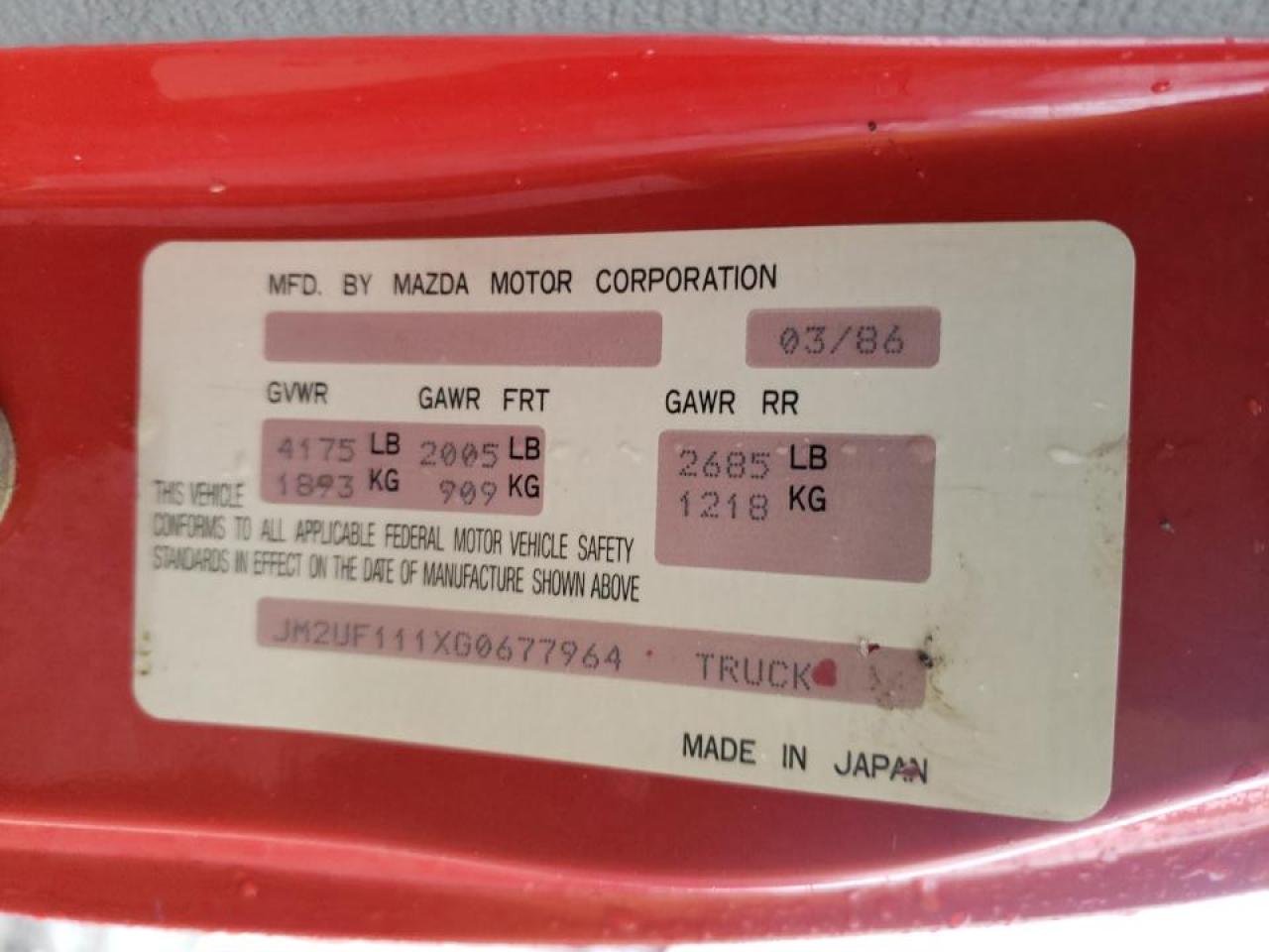 Photo 10 from auction – 1986 MAZDA B2000 with VIN JM2UF111XG0677964