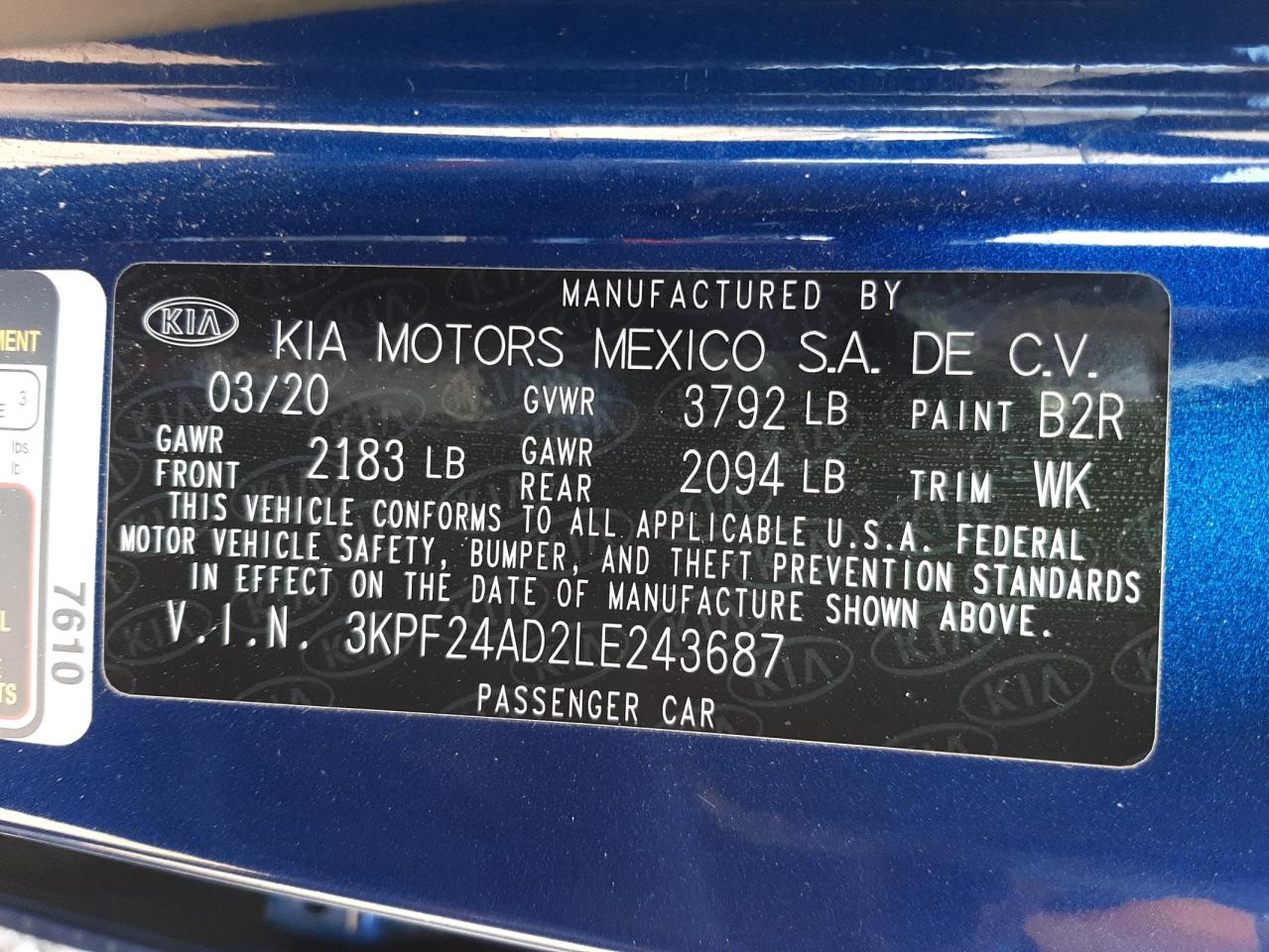 Photo 10 from auction – 2020 KIA FORTE FE with VIN 3KPF24AD2LE243687