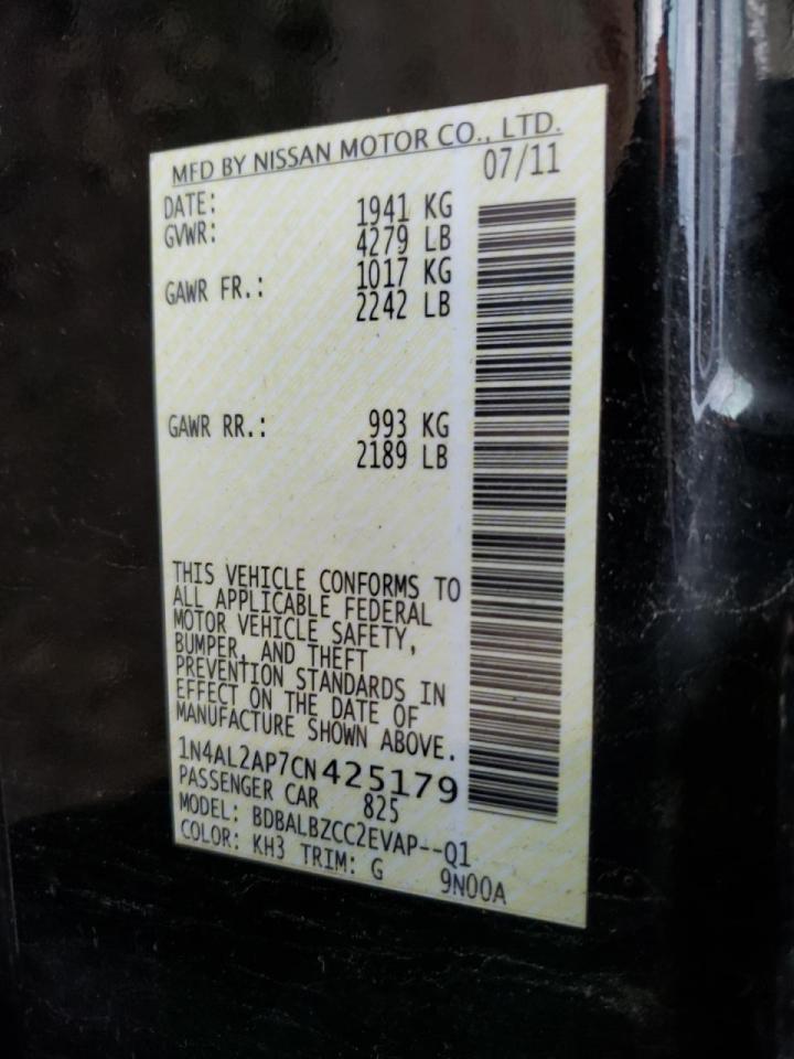 Photo 10 from auction – 2012 NISSAN ALTIMA BAS with VIN 1N4AL2AP7CN425179