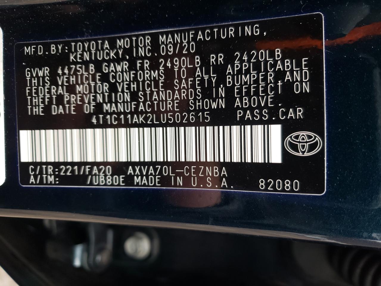 Photo 10 from auction – 2020 TOYOTA CAMRY LE with VIN 4T1C11AK2LU502615