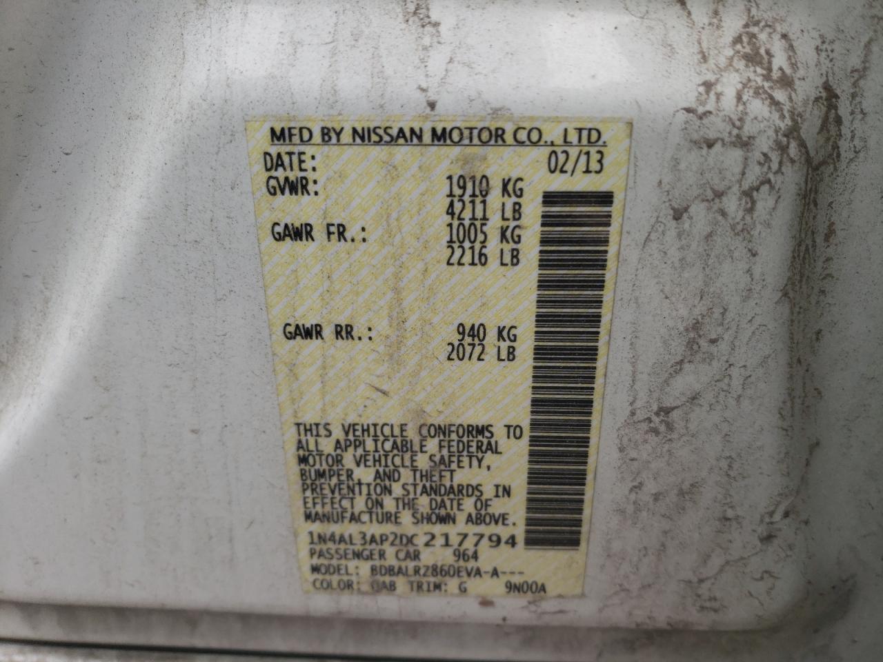 Photo 10 from auction – 2013 NISSAN ALTIMA 2.5 with VIN 1N4AL3AP2DC217794