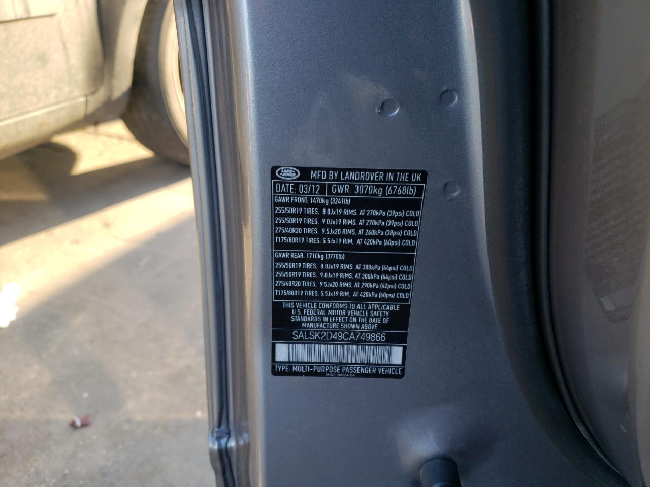 Photo 10 from auction – 2012 LAND ROVER RANGE ROVE with VIN SALSK2D49CA749866