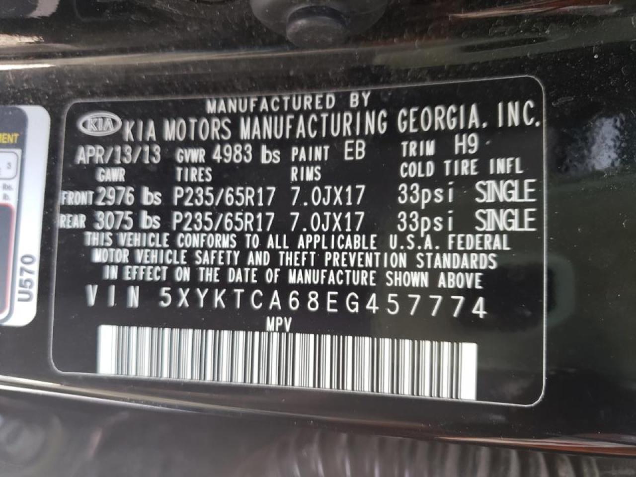 Photo 10 from auction – 2014 KIA SORENTO LX with VIN 5XYKTCA68EG457774
