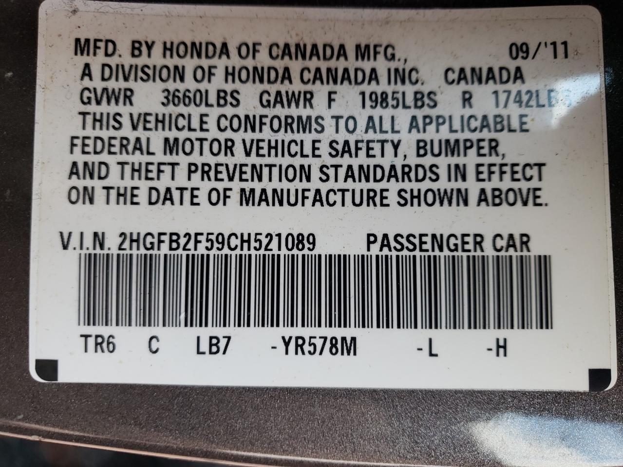 Photo 10 from auction – 2012 HONDA CIVIC LX with VIN 2HGFB2F59CH521089