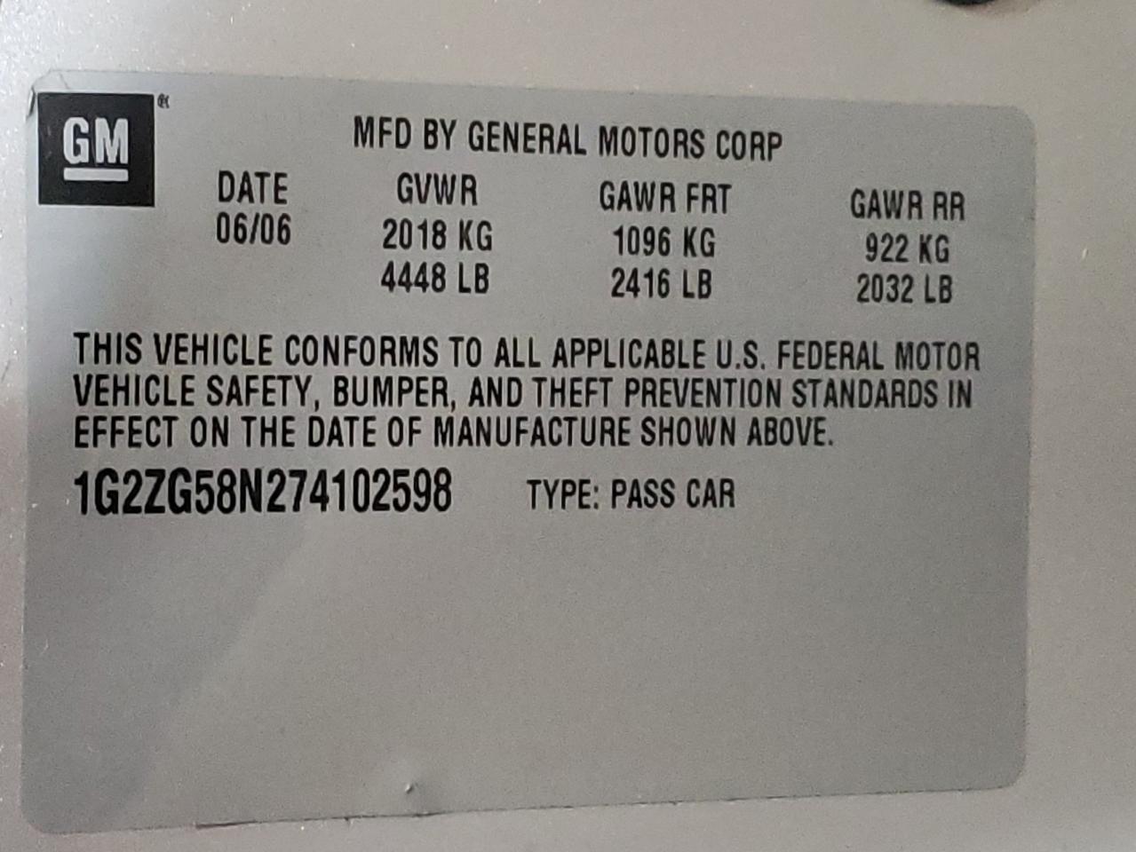 Photo 10 from auction – 2007 PONTIAC G6 BASE with VIN 1G2ZG58N274102598