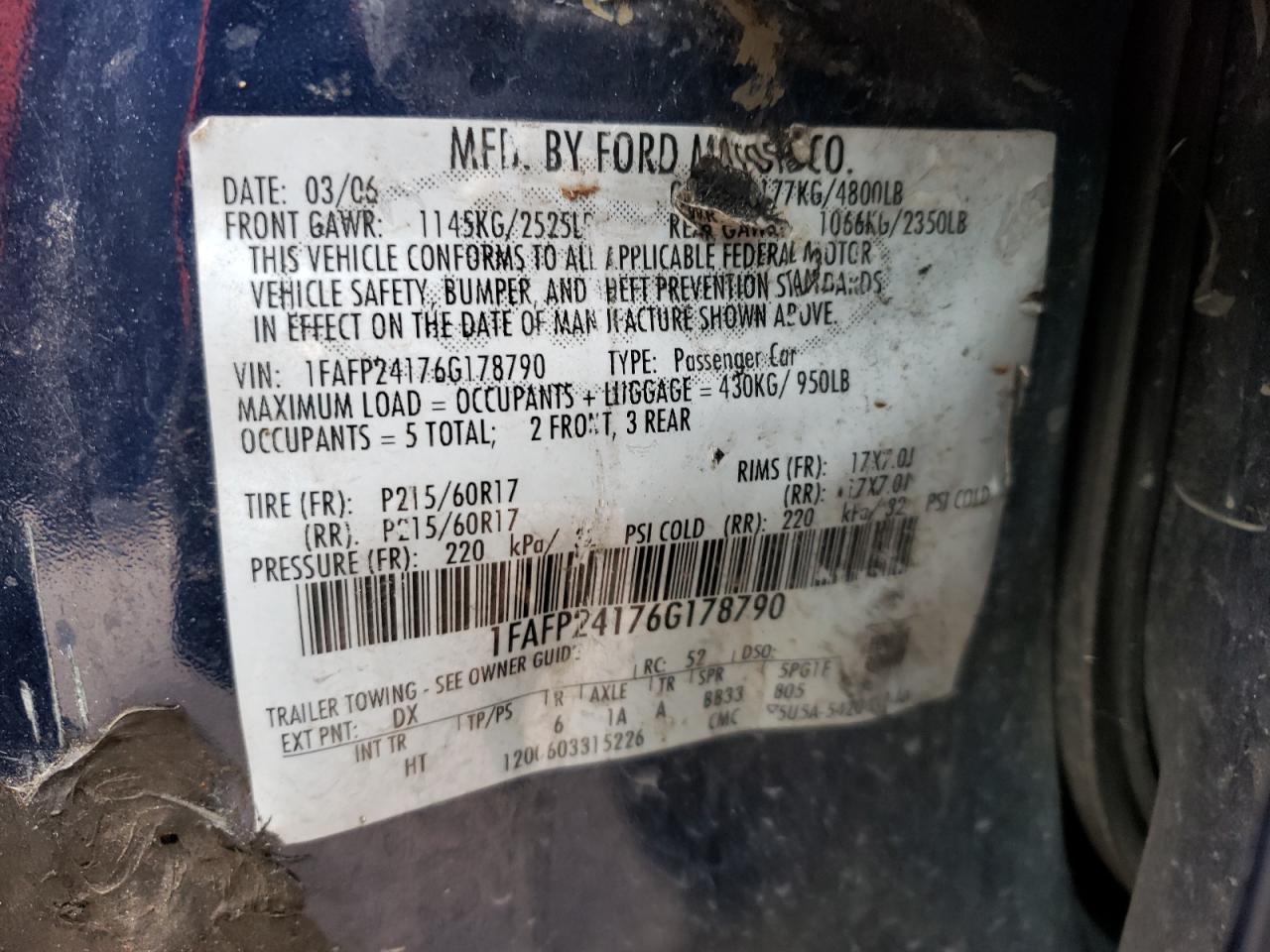 Photo 10 from auction – 2006 FORD FIVE HUNDR with VIN 1FAFP24176G178790