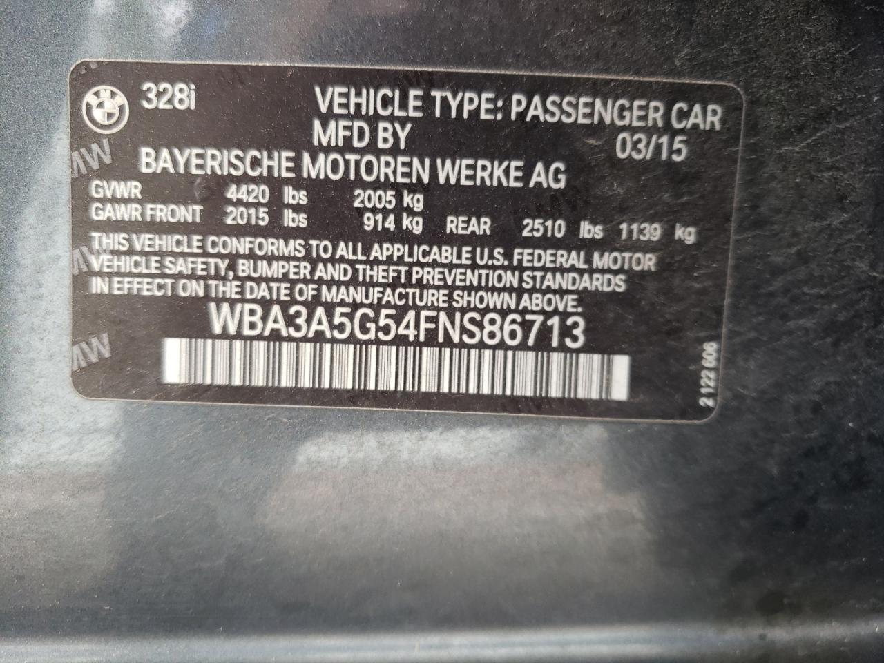 Photo 10 from auction – 2015 BMW 328 I with VIN WBA3A5G54FNS86713
