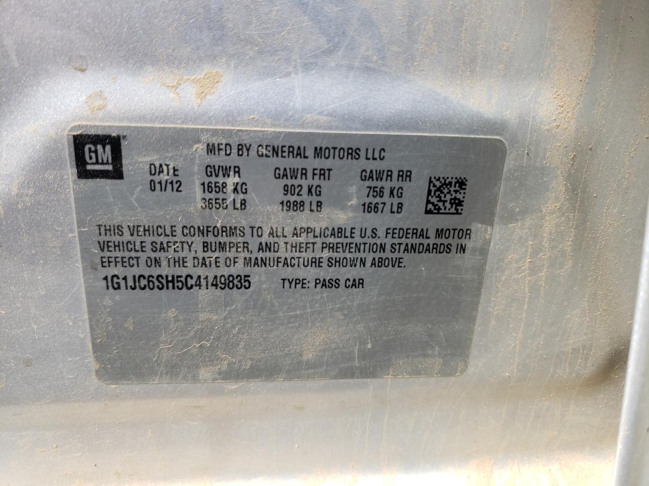 Photo 10 from auction – 2012 CHEVROLET SONIC LT with VIN 1G1JC6SH5C4149835