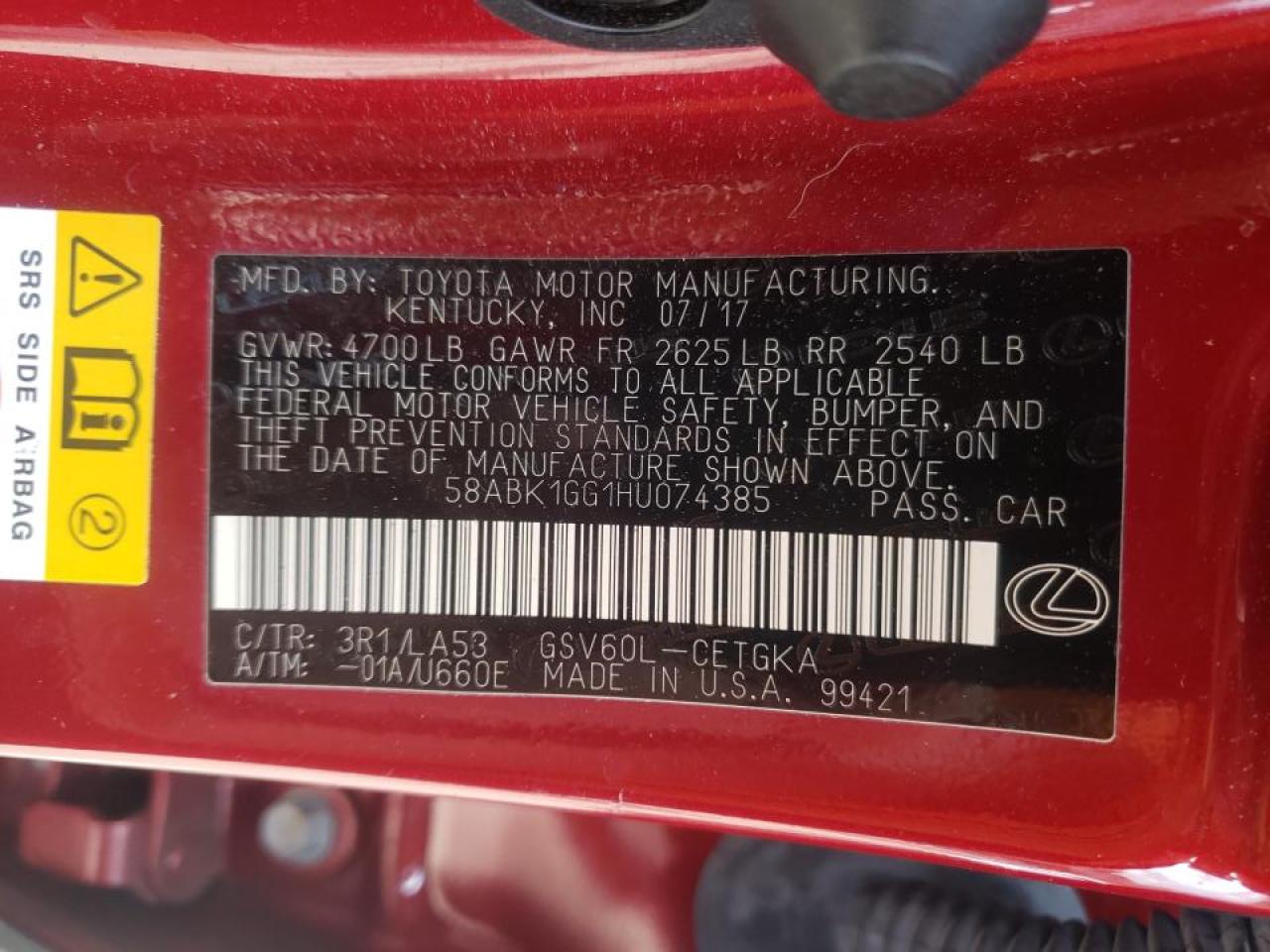Photo 10 from auction – 2017 LEXUS ES 350 with VIN 58ABK1GG1HU074385