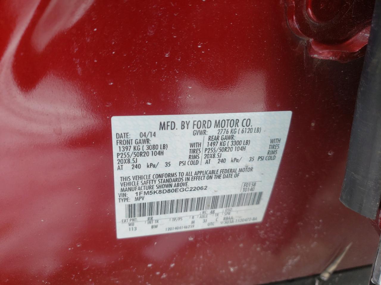 Photo 10 from auction – 2014 FORD EXPLORER X with VIN 1FM5K8D80EGC22062