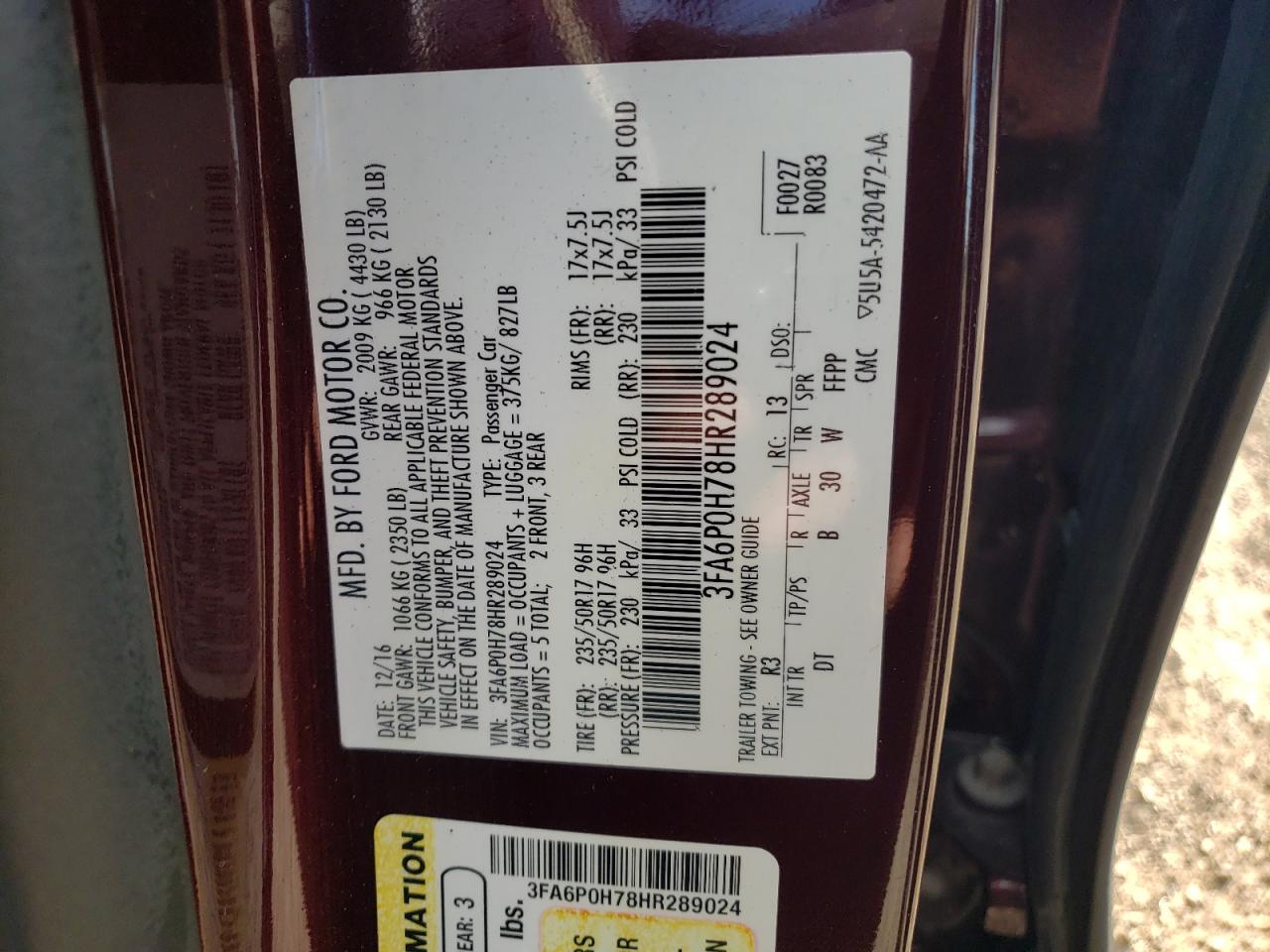 Photo 10 from auction – 2017 FORD FUSION SE with VIN 3FA6P0H78HR289024