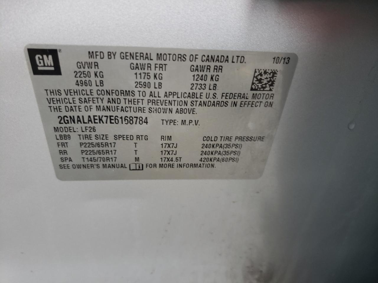 Photo 10 from auction – 2014 CHEVROLET EQUINOX LS with VIN 2GNALAEK7E6168784