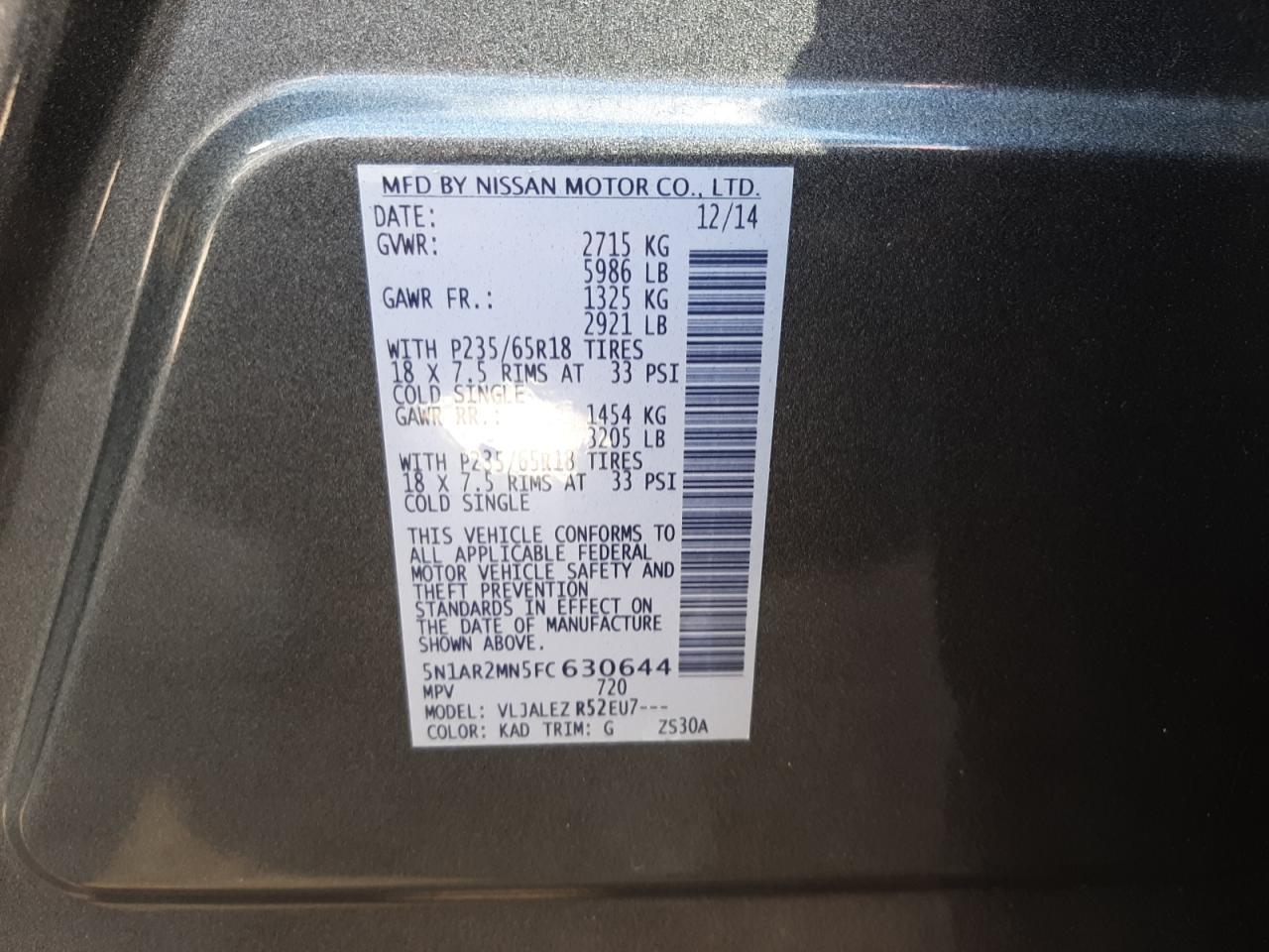 Photo 10 from auction – 2015 NISSAN PATHFINDER with VIN 5N1AR2MN5FC630644