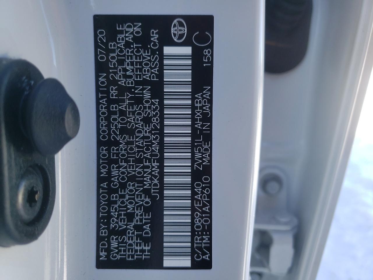 Photo 10 from auction – 2021 TOYOTA PRIUS SPEC with VIN JTDKAMFU4M3128334