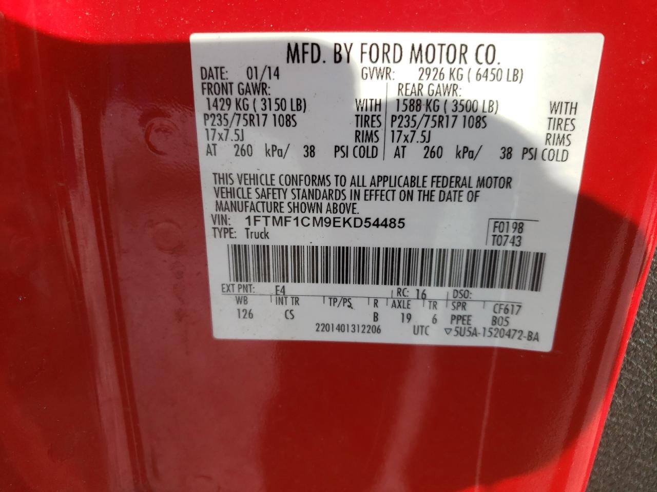 Photo 10 from auction – 2014 FORD F150 with VIN 1FTMF1CM9EKD54485