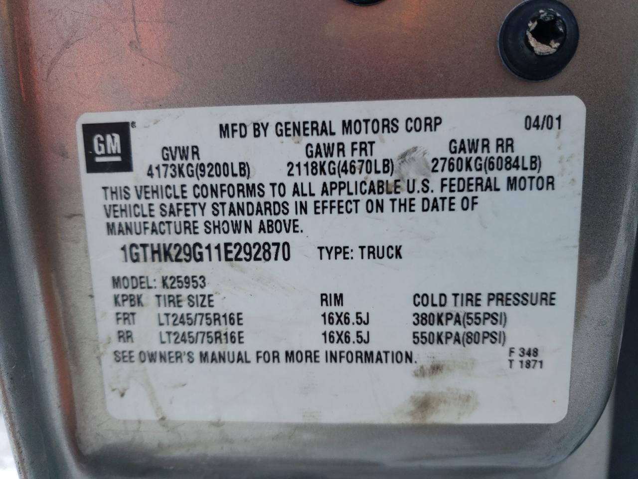 Photo 10 from auction – 2001 GMC SIERRA K25 with VIN 1GTHK29G11E292870